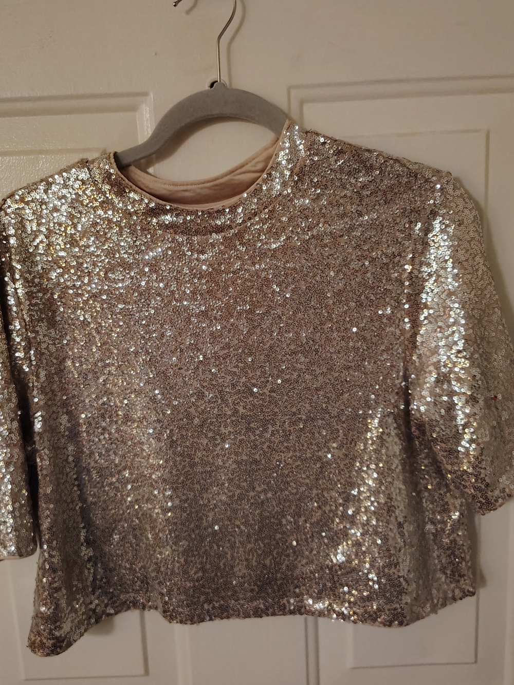 H&M Gold Sequin Short Sleeve Crop Top - Picture 1 of 5